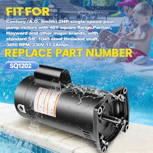 SQ1202 Pool Pump Motor 2HP 48Y Frame Fit for Century A.O.Smith Single Speed - size: 2 HP SQ1202 48Y Frame