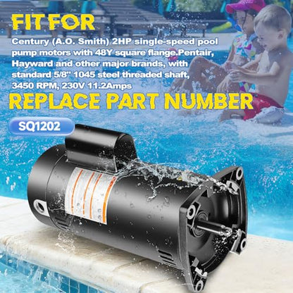 SQ1202 Pool Pump Motor 2HP 48Y Frame Fit for Century A.O.Smith Single Speed - size: 2 HP SQ1202 48Y Frame
