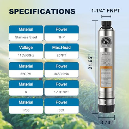 4" Submersible Well Pump 3/4HP 115V 32GPM 174FT Head - size: 174FT Head