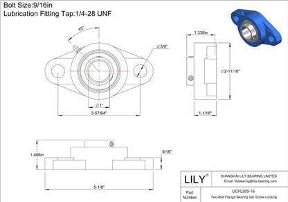 1 Pcs UCFL205-16 Pillow Block Bearing, 1" Bore, 2-Bolt Flanged Mounted Bearings Set Screw Locking, Solid Cast Iron Base Self Alignment - size: UCFL205-16 1" Bore
