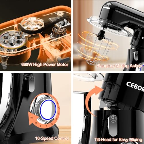 CEBORY 3-IN-1 Electric Stand Mixer, 6.5QT Bowl 660W 10-Speed Kitchen Mixer, Household Food Mixers include Dough Hook, Beater and Whisk, Bread Cake Mixer for Baking and Most Home Cooks, Black - color: Black