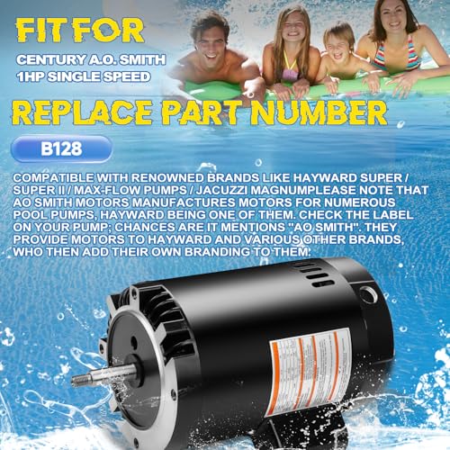 B128 Pool Pump Motor 1HP M56J Frame Fit for Century A.O. Smith Single Speed - size: 1 HP B128 M56J Frame