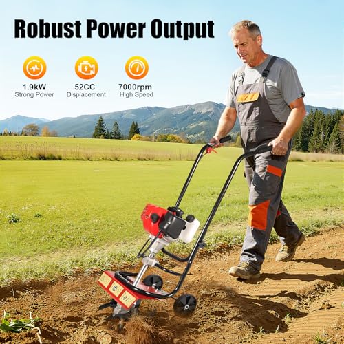 52CC Cordless Tiller Cultivator, Hand-Pull Recoil Garden Tiller with 48 Steel Tines, 7000RPM Mini Tiller Gas Powered, 14.17In Tilling Width and 3.94In Depth Garden Rototiller for Gardening