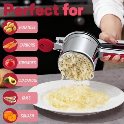 Large 15oz Potato Ricer for Mashed Potatoes, Heavy Duty 18/8 Stainless Steel Potato Masher for Baby Food & Spaetzle Maker, Masher and Ricer Kitchen Tool, Press and Mash Kitchen Gadget, Red - color: Red