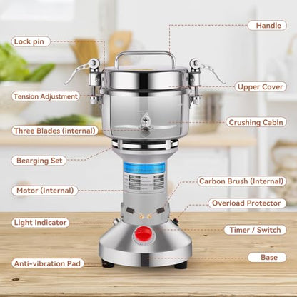 Electric Grain Mill Grinder, 2000W High-Speed 750g 304 Stainless Steel Professional grain mill for flour & Spice Grinder for Kitchen and Coffee Shop - Grinds Grains, Coffee, Dry Spices, Easy Operation - size: 750G