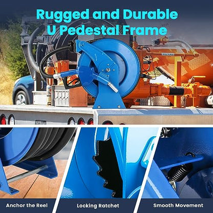 Diesel Fuel Hose Reel Blue, Heavy Duty Retractable 3/4" x 50ft Hose Reel with Automatic Shut Off 3/4 Fuel Nozzle Spring Driven Auto Swivel 300PSI Fuel Line Hose for Tank Truck Trailer Boat