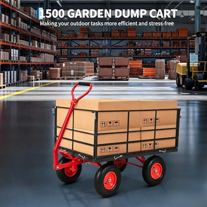 1500 Lbs Steel Garden Dump Cart, 4-in-1 Garden ATV Trailer with 13 Inch Tires and Removable Mesh Side Panels, Metal Utility Yard Trailer with 180° Swivel Handle for Gardening Soil, Tools, Plant - size: 1500 Lbs Dump