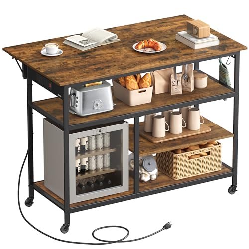 VASAGLE Kitchen Island with Drop Leaf, Power Strip, Pegboard, 47.2" Width - color: Rustic Brown + Ink Black, size: 28.7"D x 47.2"W x 38"H