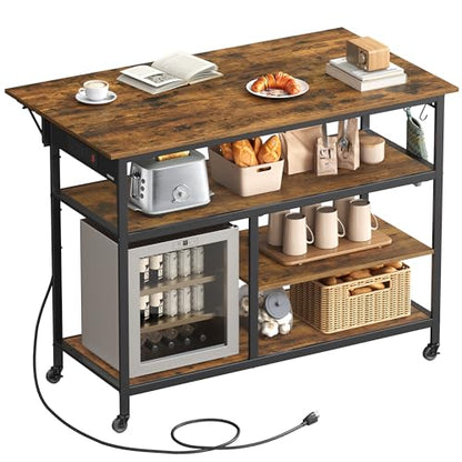 VASAGLE Kitchen Island with Drop Leaf, Power Strip, Pegboard, 47.2" Width - color: Rustic Brown + Ink Black, size: 28.7"D x 47.2"W x 38"H
