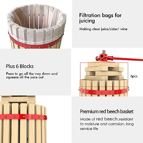 3.2 Gallon Fruit and Wine Press, Manual Cider Press with Solid Beech Wood Basket - color: Red, size: 3.2 Gallon