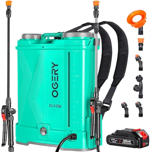 OGERY Battery Powered Backpack Sprayer 4 Gallon, 2.6Ah 21V Battery with 6 Nozzles, Telescopic Stainless Steel + Plastic Wand for Lawn Garden Weed Yard Cleaning (Charger Included) - color: Dark Green