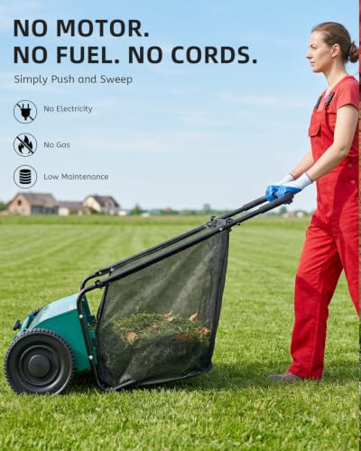 Push Lawn Sweeper, 33.4 in Yard Sweeper with 8 cu ft Bag - color: Green, size: 33.4 in