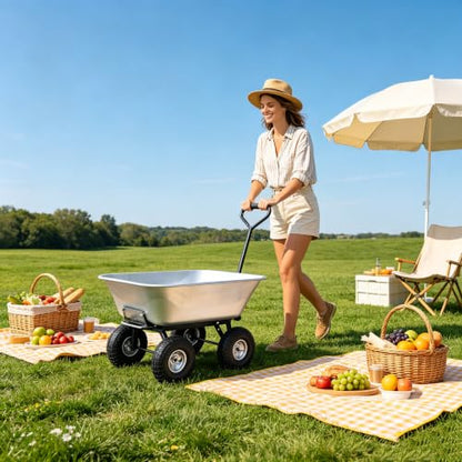 Garden Cart with 10'' Pneumatic Tires for Outdoor Folding Dump Cart with 55L Steel Frame Poly Tray 300LBS Capacity Heavy Duty Rolling Cart for Gardening Yard Work