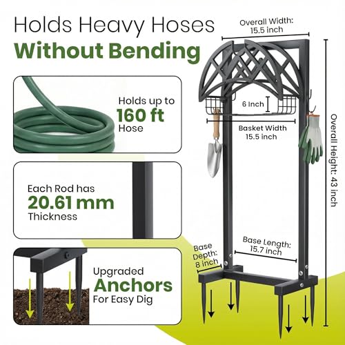 Garden Hose Holder Stand for Outside w/ 4-Spike Base, Holds upto 160ft