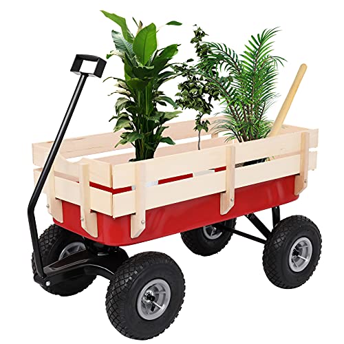 Outvita Outdoor All-Terrain Cargo Wagon, Wooden Side Support, Red