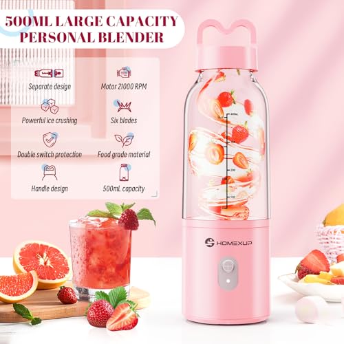 HOMEXUP Portable Personal Blender 17oz, 175W Smoothie Maker, Pink - color: Pink
