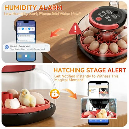 Full Automatic Egg Incubator WiFi with Camera, Automatic Egg Turner, Humidity and Temperature Control, APP Notification, Egg Candler, Smart Incubators for Hatching 12 Eggs, Chicken, Pigeon and Quail