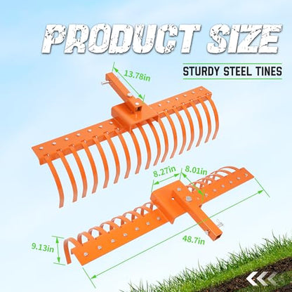 48" Tow Behind Rake 2" Receiver ATV UTV Tractors Heavy-Duty Steel Orange