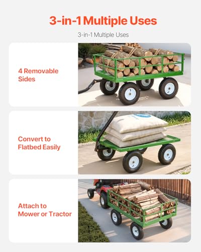 VEVOR Steel Garden Cart, 1200 lbs Heavy Duty Pullable Garden Wagon Yard Cart, 2 in 1 Outdoor Metal Utility Wagon Yard Trailer with 13" All Terrain Tires, Mesh Detachable Sides and 180° Rotating Handle - color: Black + Green