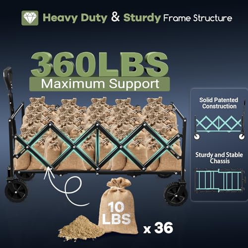 HIKEMOON 34'' Extra Long Folding Portable Wagon Cart, 120L 360LBS Khaki - color: Khaki