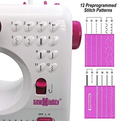 Mini Sewing Machine – Portable, Battery & AC Powered, 12 Programmed Stitch Patterns, Dual Speed – Sews Forward & Reverse, AC Power or Battery Operated – Includes Foot Pedal - style: Mighty Multi