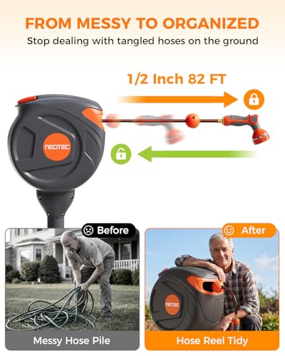 Retractable Garden Hose Reel 360° Swivel 82 ft 1/2 Inch Ground-Mounted Freestanding Water Hose Reel No-Drill Installation Any-Length Lock 20% Slow Return for Large Yard Lawn Car Washing