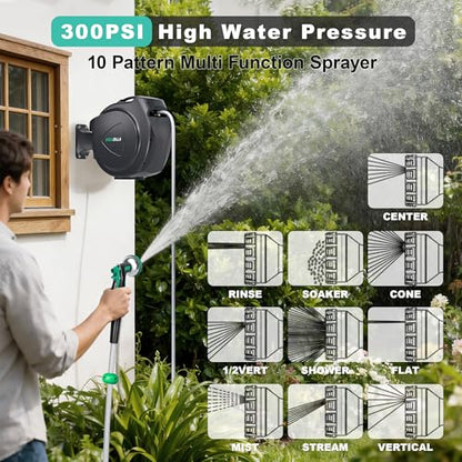 Retractable Garden Hose Reel - 1/2 in x 120 ft Automatic Wall Mount Heavy Duty Automatic Water Hose Reel with 9 Patterns Nozzle, Kink-Resistant Hose, 180° Swivel, Auto-Lock for Outdoor Watering - size: 1/2inch x 120ft