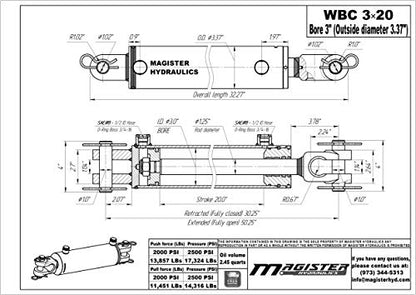 Double Acting Hydraulic Cylinder - AG Clevis Hydraulic Cylinder 2500 PSI tie-Rod Alternative 3" bore 20" Stroke (3x20) - size: 20" stroke