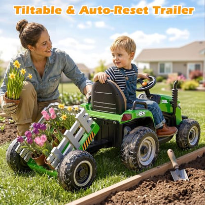 ARBELI 12V 7AH Kids Ride On Tractor w/Trailer & Remote Control, Green - color: Green
