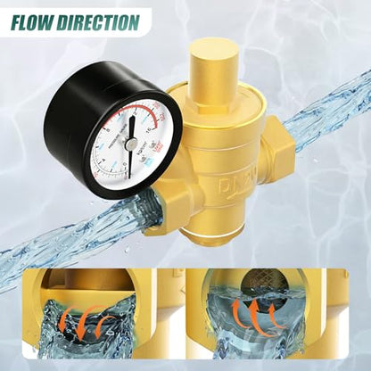 3/4 inch Brass Water Pressure Regulator, with Gauge 0-220PSI, DN20 Adjustable Pressure Reducing Valve, Ideal for pipe fitting