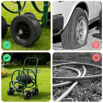 VINGLI 4-Wheel Garden Hose Reel Cart with Storage Basket, Portable Residential Hose Reel Cart, Lawn Watering, for Garden Backyard and Farm (Green 250FT) - color: Green 250ft- 4 Wheel