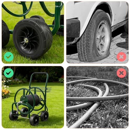 VINGLI 4-Wheel Garden Hose Reel Cart with Storage Basket, Portable Residential Hose Reel Cart, Lawn Watering, for Garden Backyard and Farm (Green 250FT) - color: Green 250ft- 4 Wheel