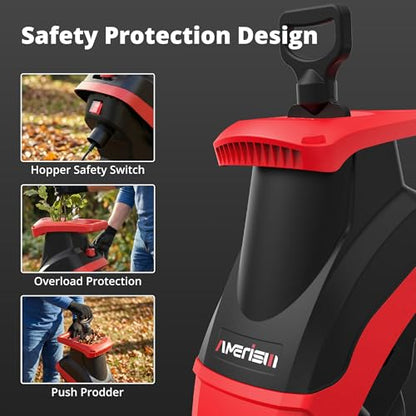 AMERISUN Electric Wood Chipper Shredder 15-Amp, 4200RPM Leaf Mulcher with 1.75-Inch Branch Capacity, Portable Yard Waste Shredder with 50L Collection Bag for Garden, Lawn & Landscaping Cleanup - color: Red