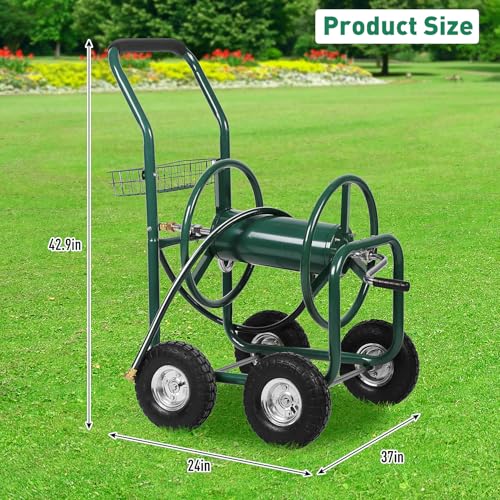 Garden Hose Reel Cart with Wheels, Holds 300-Feet of 5/8-Inch Hose, Heavy Duty Yard Water Planting 4 Wheels Outdoor Garden Lawn Water Truck with Storage Basket, Green - color: Green