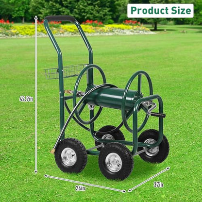 Garden Hose Reel Cart with Wheels, Holds 300-Feet of 5/8-Inch Hose, Heavy Duty Yard Water Planting 4 Wheels Outdoor Garden Lawn Water Truck with Storage Basket, Green - color: Green
