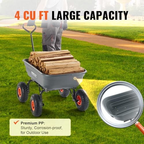 VEVOR Poly Garden Dump Cart 4 Cu.Ft. 600 lbs 4 Wheel Wheelbarrow Dump Wagon - color: Gray