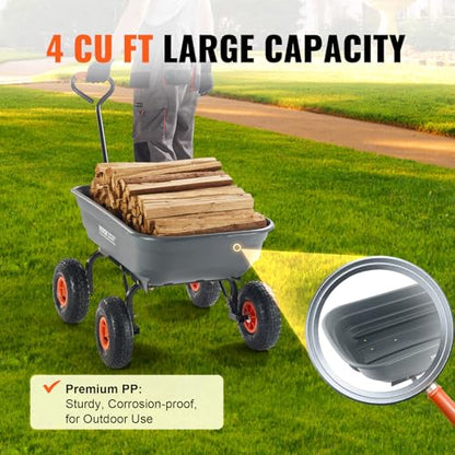 VEVOR Poly Garden Dump Cart 4 Cu.Ft. 600 lbs 4 Wheel Wheelbarrow Dump Wagon - color: Gray