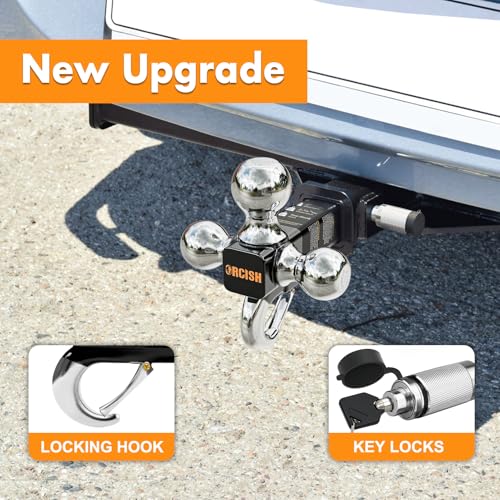 ORCISH Tri-Ball Trailer Hitch Mount with Tow Hook & Lock for 2" Receiver - color: 2"-Standard Plus-Chrome
