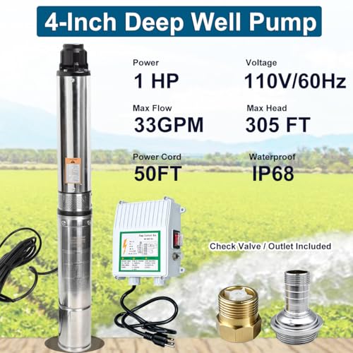 iMeshbean® 1HP 110V Submersible Well Pump, 4" Deep Well Pump with Control Box and 50FT Power Cord, Heavy Duty Submersible Water Pump for Residential, Irrigation and Industrial water supply - size: 1HP-115V + Control Box
