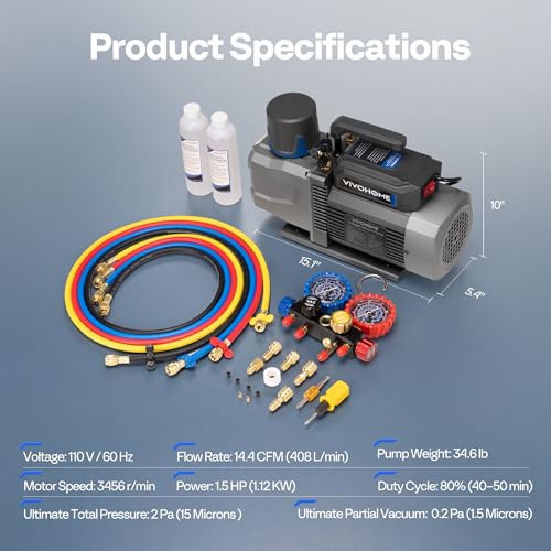 VIVOHOME A2L 1.5 HP 14.4CFM 2 Stage AC Vacuum Pump and Manifold Gauge Set - size: 14.4 CFM