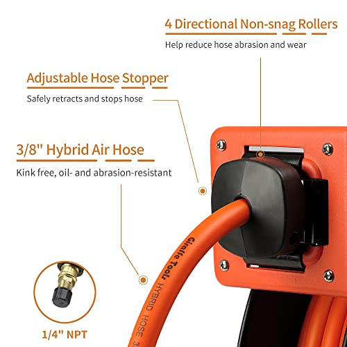 Giraffe Tools TA10 Retractable Air Hose Reel, 3/8" x 25ft, Open Steel - size: 25FT