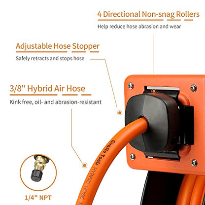 Giraffe Tools TA10 Retractable Air Hose Reel, 3/8" x 25ft, Open Steel - size: 25FT