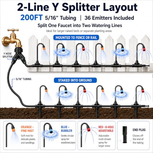 200FT 5/16" Drip Irrigation Kit, 36 Emitters for Raised Beds - size: 200FT / 36 Emitters