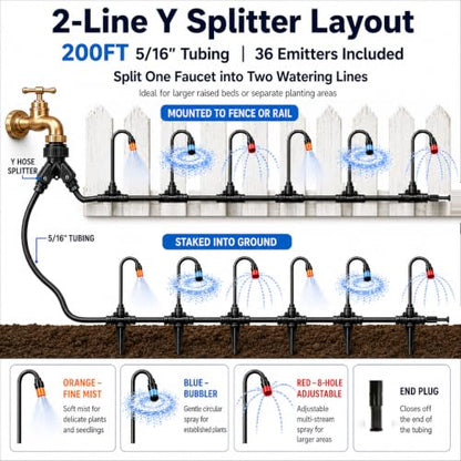 200FT 5/16" Drip Irrigation Kit, 36 Emitters for Raised Beds - size: 200FT / 36 Emitters