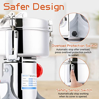 Electric Grain Mill 1000g High-speed Grain Spice Herb Grinder 2600W Dry Grinder Machine 304 Stainless Steel Superfine powder High-speed Grain Mill 36000r/min for Kitchen Home and Commercial - size: 1000G