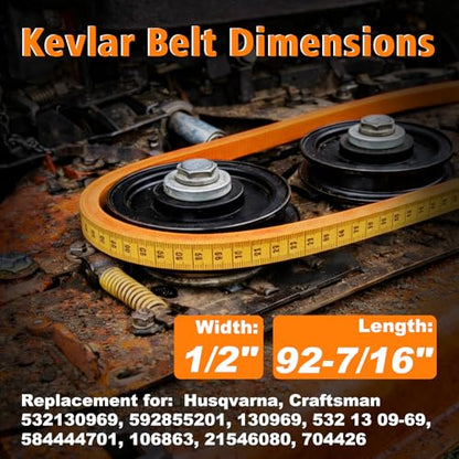 532130969 592855201 584444701 130969 Drive Belt Replacement, Heavy-Duty Premium Aramid Cord Belt for Husqvarna Craftsman Poulan AYP Lawn Tractor, Orange Kevlar Belt, 1/2" x 92-7/16" - size: 92.56"L x 0.5"W