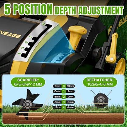 2026 Upgraded Electric Dethatcher Scarifier 16-Inch, EVEAGE 2-in-1 Lawn Dethatcher with 5-Position Depth Adjustment, 14.5-Gallon Collection Bag, Quick-Fold Lawn Scarifier for Healthy Lawn - color: yellow