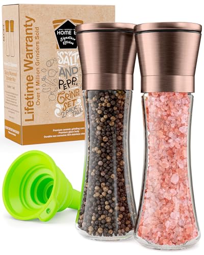 Home EC Original Copper Salt and Pepper Grinder Set of 2 - Adjustable Ceramic Grinder - Tall Glass Salt and Pepper Shakers With Funnel and Ebook - Kitchen Spice Mill - Copper Kitchen Accessories - color: Copper Top/Clear Glass, size: 2pk