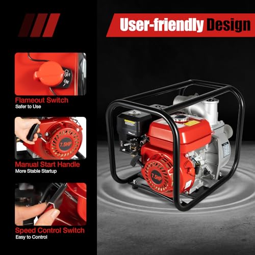 7.5HP Gasoline Water Pump 3 Inch 4-Stroke 196CC High Flow Irrigation Pump Air-Cooled Engine Portable Farm Garden Water Transfer Pump for Heavy Duty Water Movement