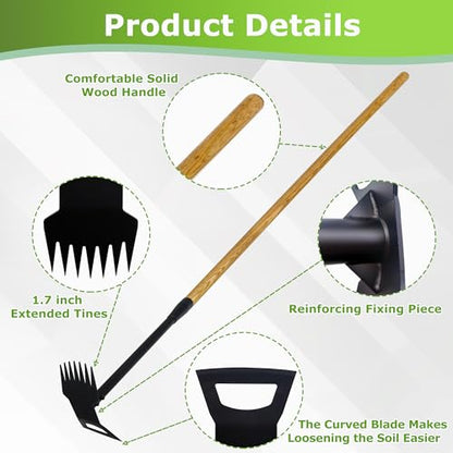 60" Wood Handle Weed Puller Tool, 7-Tine Garden Hoe, Secure Fit, No Bending - size: 7-tooth wooden handle